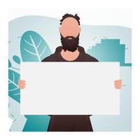 A man stands waist-deep and holds a blank sheet in his hands. Place for your advertisement. Cartoon style. vector