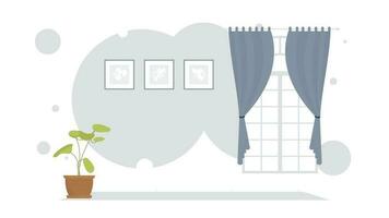 Living room with curtains and houseplant. Interior. Flat style. vector