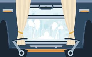 Train inside with armchairs and a large window. Railway transport. Cartoon style. Flat style. vector