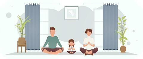 un hombre con un mujer y un pequeño niña son sentado en un loto posición en un habitación. yoga. dibujos animados estilo. vector