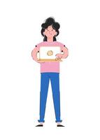 The girl holds a laptop in her hands and presses the play. Isolated on white background. Good for apps, presentations and websites. Vector. vector
