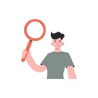 The HR manager stands waist-deep and holds a magnifying glass in his hands. Isolated. Element for presentations, sites. vector