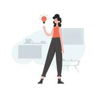 The girl stands in full growth with a light bulb. Idea. Element for presentations, sites. vector