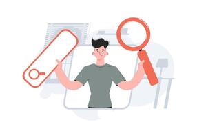 A man stands waist-deep holding a web search bar and a magnifying glass. Search. Element for presentations, sites. vector