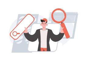 A man stands waist-deep and holds a magnifying glass in his hands. Search. Element for presentations, sites. vector