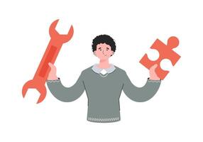 A man stands waist-deep with a puzzle in his hands. Isolated. Element for presentations, sites. vector