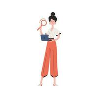 The girl is standing in full growth holding a magnifying glass. Isolated. Element for presentations, sites vector