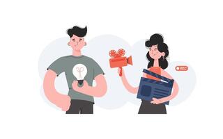 A man and a woman stand waist-deep and hold a movie clapperboard and a camera. Blogging. Element for presentations, sites. vector