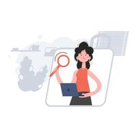 The girl is waist-deep working at the computer. Search. Element for presentations, sites. vector