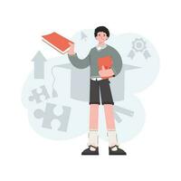 The guy is standing in full growth with a book. Online school. Element for presentations, sites. vector