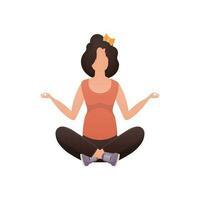 A woman sits in the lotus position. Isolated on white background. Vector illustration in cartoon style.