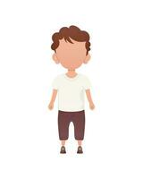 Dark-haired little boy, preschool age in a t-shirt and shorts. Isolated. Vector illustration in cartoon style.