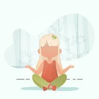 pequeño niña haciendo yoga en el loto posición. para niños meditación. dibujos animados estilo. vector