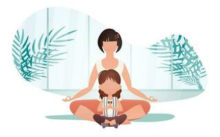 Mom and daughter do yoga in the lotus position. Cartoon style. Sports lifestyle. Vector illustration.