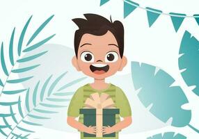 A cute boy is holding a beautiful box in his hands. Birthday. Cartoon style. vector