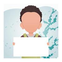 A little boy is holding a blank poster in his hands. Place for text. Cartoon style. vector