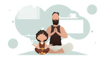 Dad and daughter are sitting and doing yoga. Meditation. Cartoon style. vector