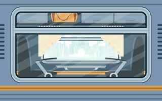 Windows of an empty commuter train. Electricity outside. Cartoon style. Flat style. vector