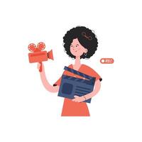 A woman stands waist-deep and holds a clapperboard in her hands. Isolated. Element for presentations, sites. vector