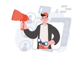 A man stands waist-deep holding a loudspeaker and binoculars. HR concept. Element for presentations, sites. vector