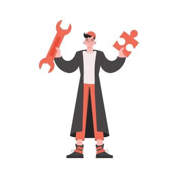 A man stands in full growth and holds a wrench in his hands. Isolated. Element for presentations, sites. vector