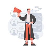 A man stands in full growth with binoculars. HR theme. Element for presentations, sites. vector