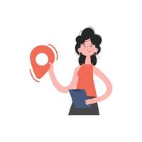 A woman stands waist-deep and holds a geolocation icon in her hands. Isolated. Element for presentations, sites. vector