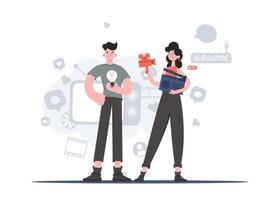 A man and a woman stand in full growth and hold a camera and a light bulb. Blogging. Element for presentations, sites. vector