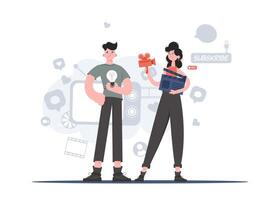 A man and a woman stand in full growth and hold a video camera and a light bulb. Blogging. Element for presentations, sites. vector