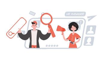 A man and a woman stand with a belt and hold a loudspeaker. Human resource. Element for presentations, sites. vector