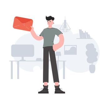 A man stands to his full height in the room and holds an envelope in his hands. Communications. Element for presentations, sites. vector