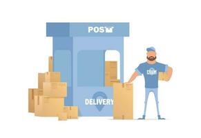 The postal courier stands next to the boxes and the pick-up window. Postal office. Cartoon style. vector illustration