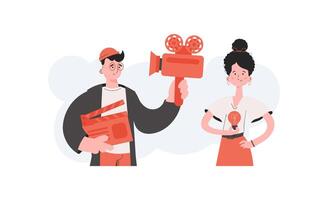 A man and a woman stand with a belt and hold a clapperboard and a light bulb. Idea. Element for presentations, sites. vector