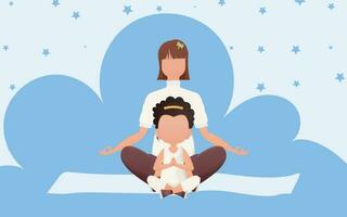 Mom and daughter sit in the lotus position. Cartoon style. Yoga concept. Vector illustration.