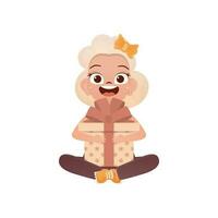 A happy girl sits in a lotus position and holds a gift box in her hands. Cartoon style. Vector. vector