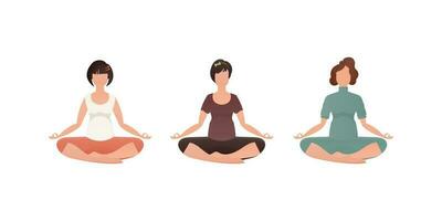 Set of Women Sits in the lotus position. Isolated. Vector illustration in cartoon style.