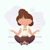 pequeño niña es meditando linda yoga, atención plena y relajación. vector ilustración en dibujos animados estilo.