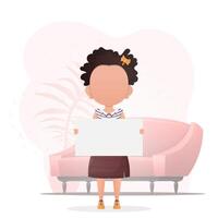 Child Girl with a blank banner for your text. Design in cartoon style. . vector