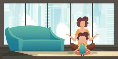 Mom and little daughter are meditating together. Design in cartoon style. Vector illustration.