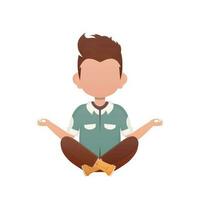 A boy of preschool age is engaged in the lotus position. Isolated. Cartoon style. vector