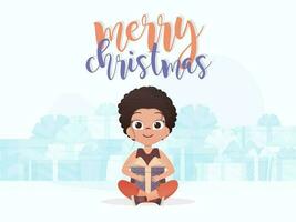 Little girl is holding a gift. New Year concept. Cartoon style. vector