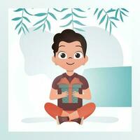 un alegre niño chico se sienta en un loto posición y sostiene un regalo caja con un arco en su manos. Días festivos tema. dibujos animados estilo. vector ilustración.