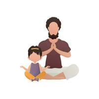 Dad and little daughter are sitting doing meditation. Isolated. Cartoon style. vector