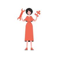 A woman stands in full growth with a puzzle in her hands. Isolated. Element for presentations, sites. vector