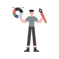 A man stands in full growth with a pen tool and a color palette in his hands. Isolated. Element for presentations, sites. vector