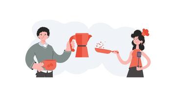 A man and a woman stand with a belt and hold a frying pan and a spatula. Cafe. Element for presentations, sites. vector