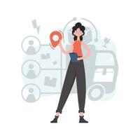 A woman stands in full growth and holds a geolocation icon in her hands. Delivery. Element for presentations, sites. vector