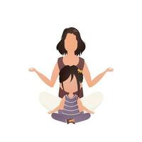 Mom and daughter sit in the lotus position. Cartoon style. Isolated on white background. Previous illustration. vector