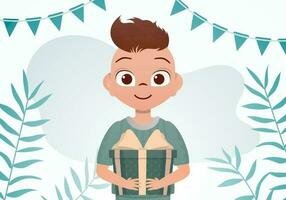 A smiling preschool boy holds a large beautiful box with a bow in his hands. Birthday. Cartoon style. vector