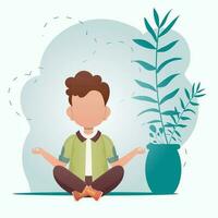 A cute little boy is doing yoga in the room. Sports and recreation concept. Cartoon style. Vector illustration.